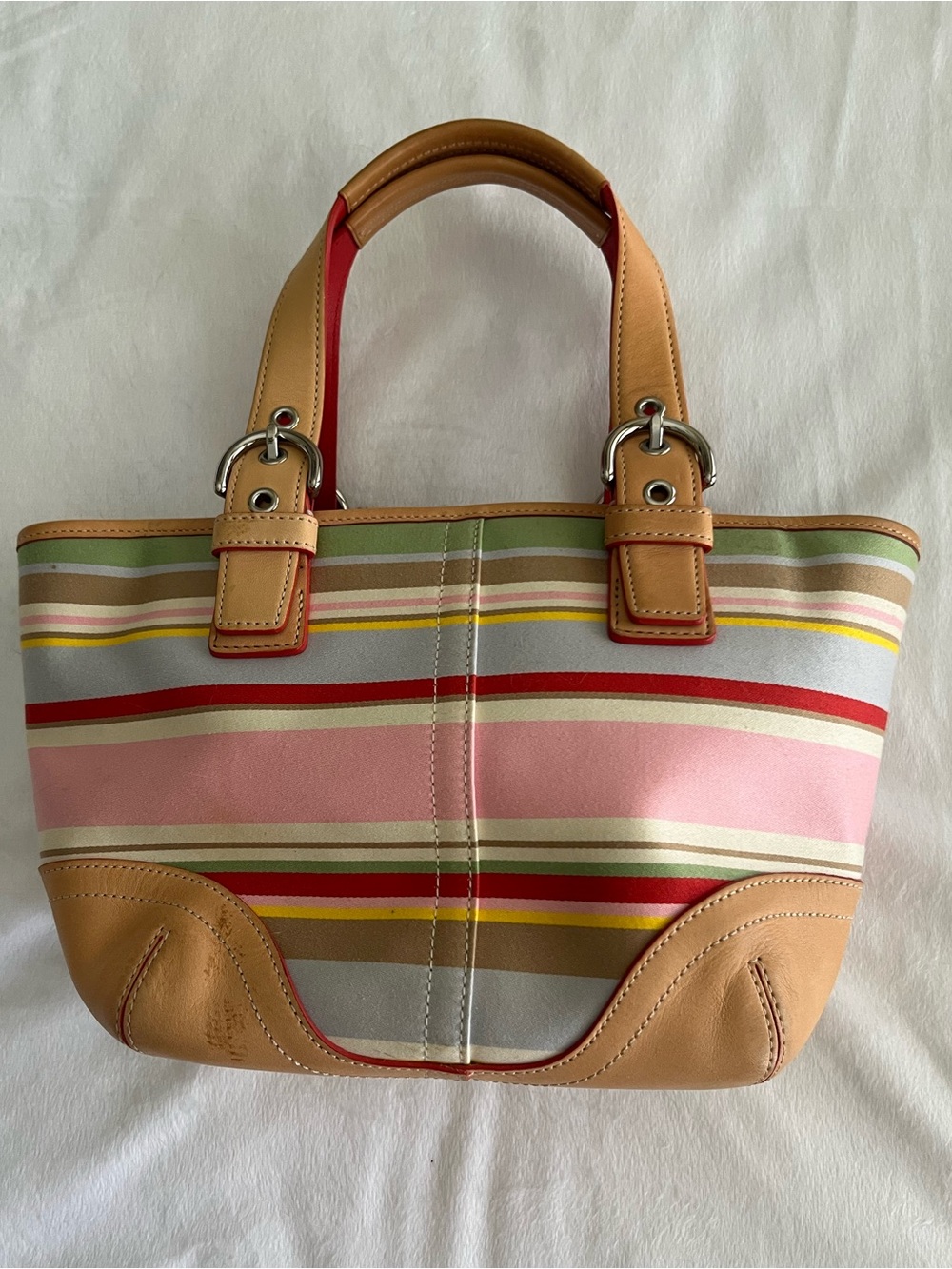 Coach Striped Canvas Tote in Pink, Red, Yellow & Tan with Daisy Charm - Picture 2 of 6